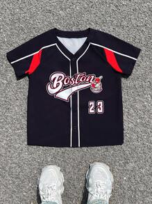 Tween Boy Casual Sport Colorblock Letter Print Short Sleeve Jersey Shirt, Suitable For Summer, Outdoor Play, School, Street Photography, Party And Home Leisure - Black - View 8