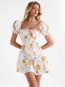 Glamine Women's Romantic Date Sexy Princess Style Floral Printed Tulle Dress Women Summer Clothing Woman S Summer Clothes Women Short Dresses Summer Women S Clothes Women Summer Sets Butter Yellow