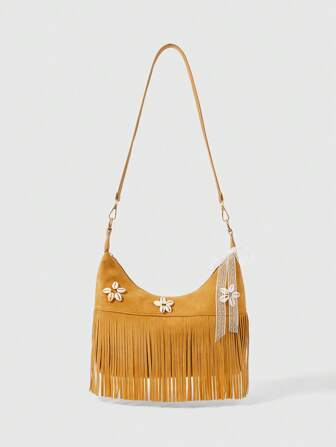 Fairycore 1 Set Khaki Tassel Shoulder Bag & Accessories, Fashion Personalized Beach Vacation Style Women Tote Bag (Including 1 Bag And 1 Set Of Accessories)