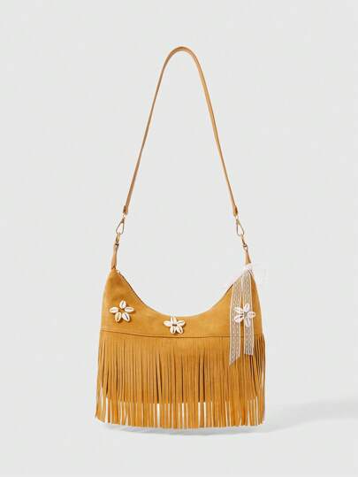 Fairycore 1 Set Khaki Tassel Shoulder Bag & Accessories, Fashion Personalized Beach Vacation Style Women Tote Bag (Including 1 Bag And 1 Set Of Accessories)