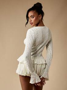 MISSGUIDED Luxury Crochet Lace Cardigan Long Sleeve Peplum Button Up Holiday Wedding Sweater Spring Summer Layering Top Fall Fashion