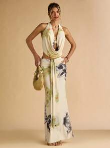 SHEIN BAE Summer Women's Clothing, Flower Metal Button Decorated Women's Tops & Mid-Low Waist Pleated Flower Long Skirts, Women's Two-Piece Suits, Holiday Two-Piece Suits,Vacation Outfits Woman,Beach Outfits For Woman,Two Piece Summer Set - Multicolor - View 4