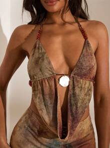 Opulessa 女士夏季扎染印花露背短款上衣和高开衩裙套装 - 鏽棕色 - 查看 1