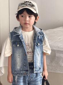 SHEIN Young BoyFashion 户外街头休闲牛仔套装：针织帽、拼布背心、破洞牛仔背心、破洞牛仔裤 - 中等水洗藍 - 查看 5