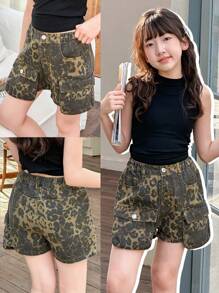 SHEIN Denimly Young Girls Cool Street Style Elastic Waist Multi-Pocket Leopard Denim Shorts,Plus Size,Olive Green,Summer,Casual,Vacation - Coffee Brown - View 1