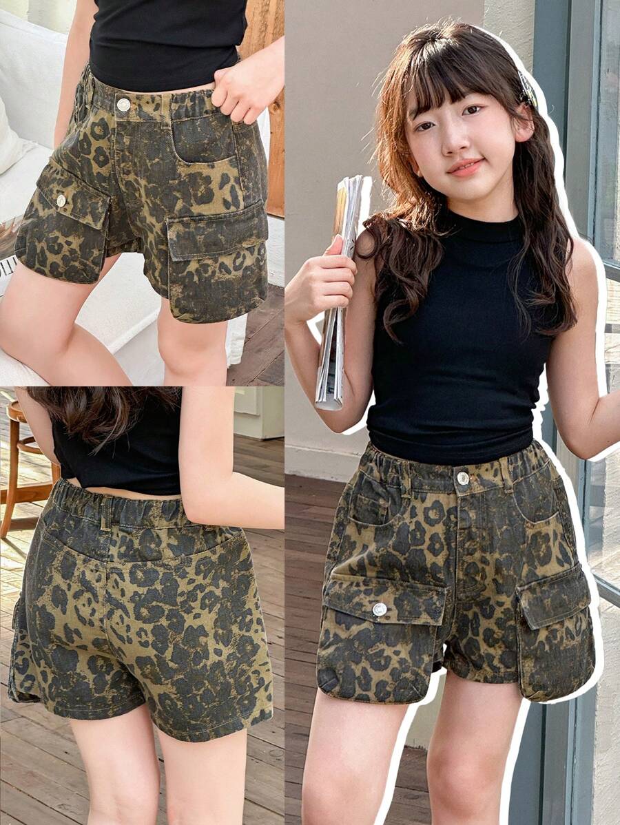 SHEIN Denimly Young Girls Cool Street Style Elastic Waist Multi-Pocket Leopard Denim Shorts,Plus Size,Olive Green,Summer,Casual,Vacation - Coffee Brown - View 1