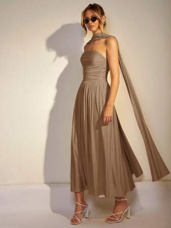 COSMINA Women's Solid Color Splicing Ruffle Trim Elegant Dress