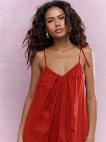 MISSGUIDED Mini Smock Dress Adjustable Tie Shoulder Straps Flowy Beach Vacation Summer Resort Holiday Evening Casual Loose Fit V Neck Christmas - Red - View 3