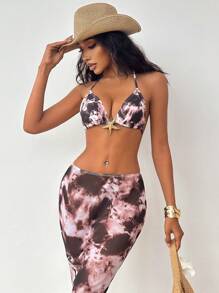 Swim EVENT 女式扎染吊带性感比基尼两件套泳衣套装，带轻薄罩衫裙，夏季海滩 - 彩色 - 查看 5