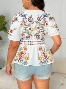 SHEIN CURVE+ Plus Size Women's Summer Floral Print Ruffle Hem Casual Blouse - Multicolor - View 2