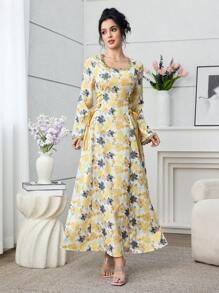 Al Najma 2025 Latest  Arabic Style Versatile Slimming Print Dress, Fashion  Long Dress - Yellow - View 5