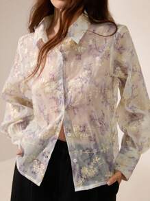 Zanirela Gold Embroidered Jacquard Elegant Long Sleeve Shirt For Commute Fall Cloth For Women - Purple - View 5