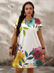 EMERY ROSE Vestido de verano de manga de murciélago con cuello en V con muesca y estampado floral para mujeres de tallas grandes, ropa de Navidad