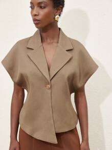 Femmeiva Premium Commuter Tweed Collared Fitted Waist Minimalist Metal Button Women Suit Jacket - Khaki - View 6