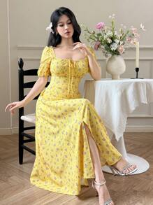 Modelyn Damen Kleid mit quadratischem Ausschnitt, kleinem Blumenmuster, Schlitz, Urlaubsstil, Sommer, Kurzarm, lange Abendkleider - Butter Yellow - Übersicht 6