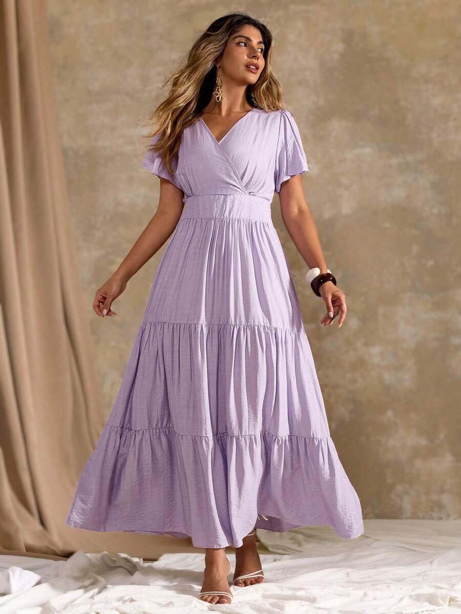 Roveilla Plus Size Women V-Neck Ruffle Trim Waisted Dress, Romantic, Elegant, High Quality, Long Length - Purple - View 1