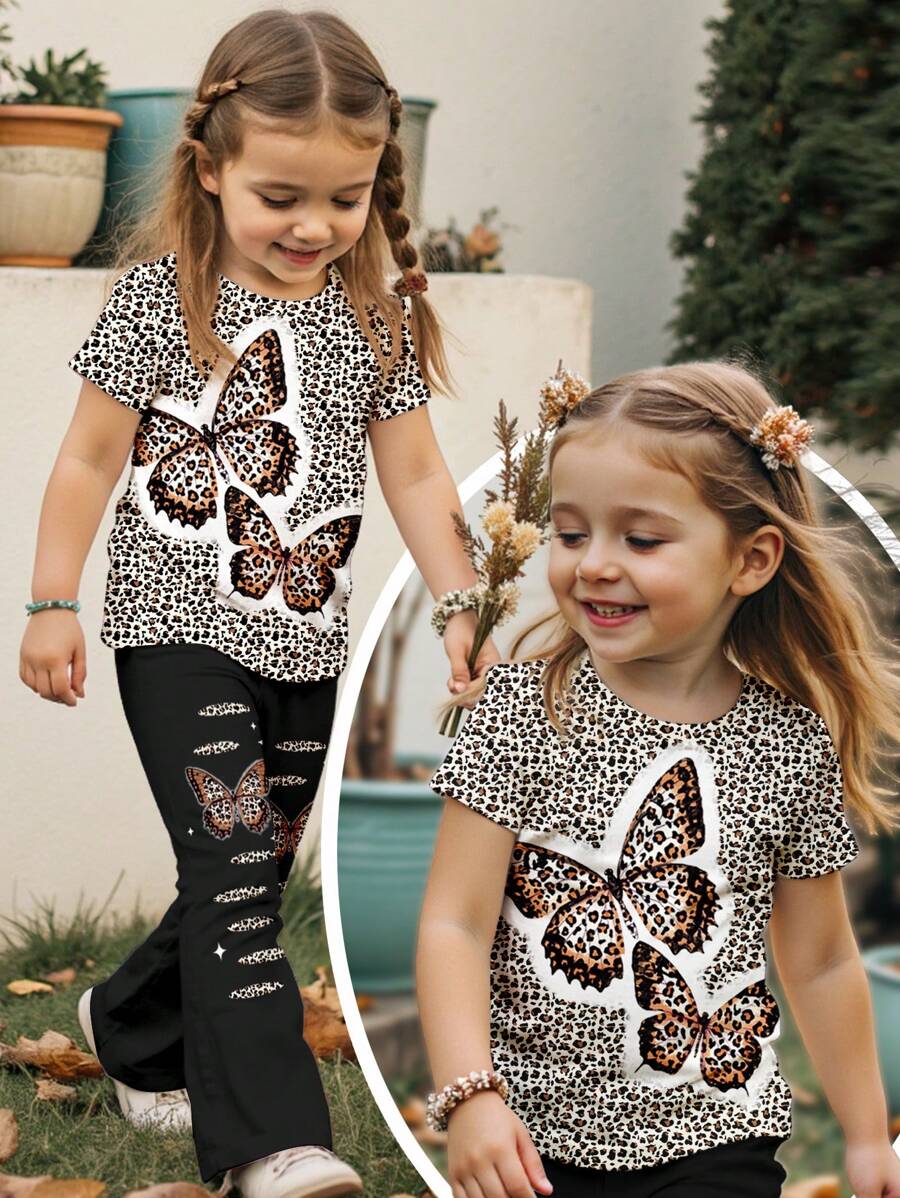 SHEIN Leap Crew 女婴休闲豹纹和蝴蝶结装饰，简约短袖圆领上衣和裤子套装，适合春夏季 - 彩色 - 查看 1