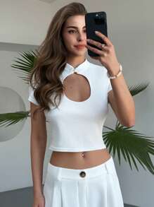 Aloruh 女士纯色简约镂空短袖 T 恤 - 白色 - 查看 4