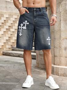 Manfinity Homme Men's Simple Print Casual Denim Shorts