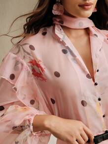 Anewsta 女士优雅花卉圆点印花衬衫 - 粉色 - 查看 5