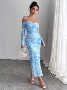 Elenzga 大码女式粉色印花网眼荷叶边露肩修身长袖连衣裙 - 藍色 - 查看 6