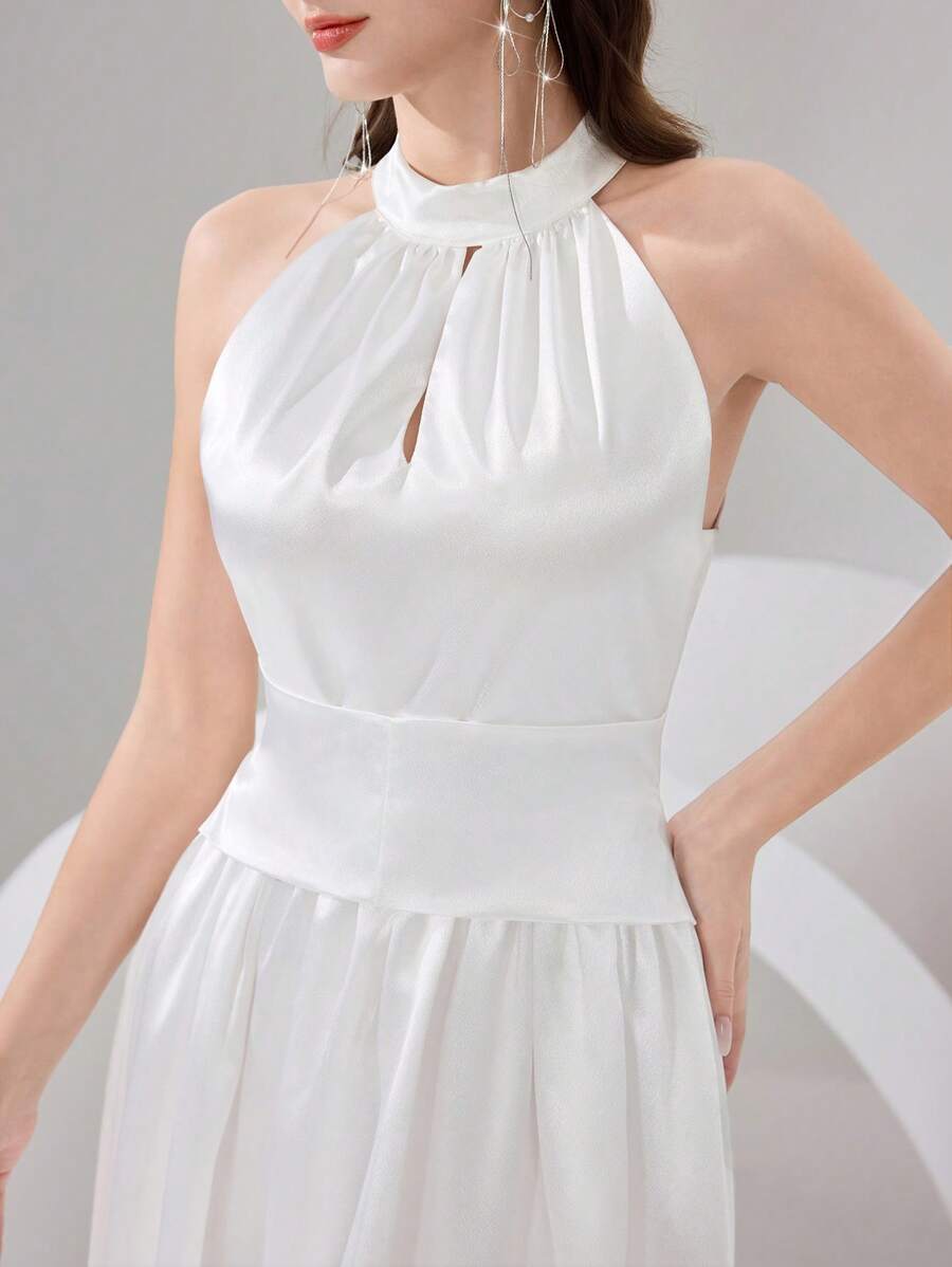 Poshira Women's Elegant Draped Neck Ruched Waist Formal Dress, Cocktail Dress - White - View 1