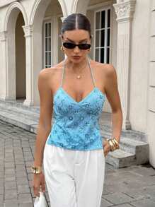 Siren Gaze Women's Elegant Blue Sequin Embellished Embroidery Halter Backless Crop Top,Streetwear Old Money Style Tank Top,Summer,Blues,Seksi Chic,Party Night - Mint Blue - View 5