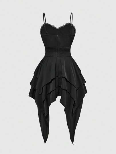 Goth Vintage Palace Gothic Removable Metal Chain Lace-Up Waist Asymmetrical Layered Hem Women Dress