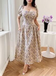 Modelyn 女士度假花卉印花甜心领短款泡泡袖口袋优雅连衣裙 - 粉色 - 查看 5