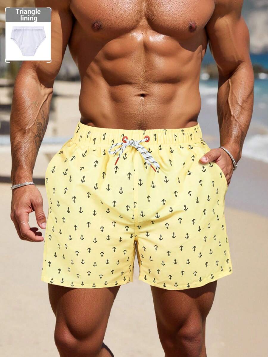 Surfspeed 男士船锚印花抽绳腰部宽松沙滩短裤，夏威夷风 - 黃色 - 查看 1