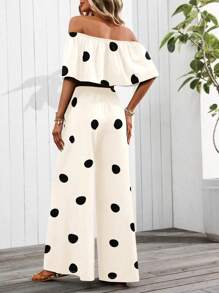 SHEIN PETITE Women's Summer New Off Shoulder Ruffle Hem Pants Set (Printed Pattern) - Apricot - View 2