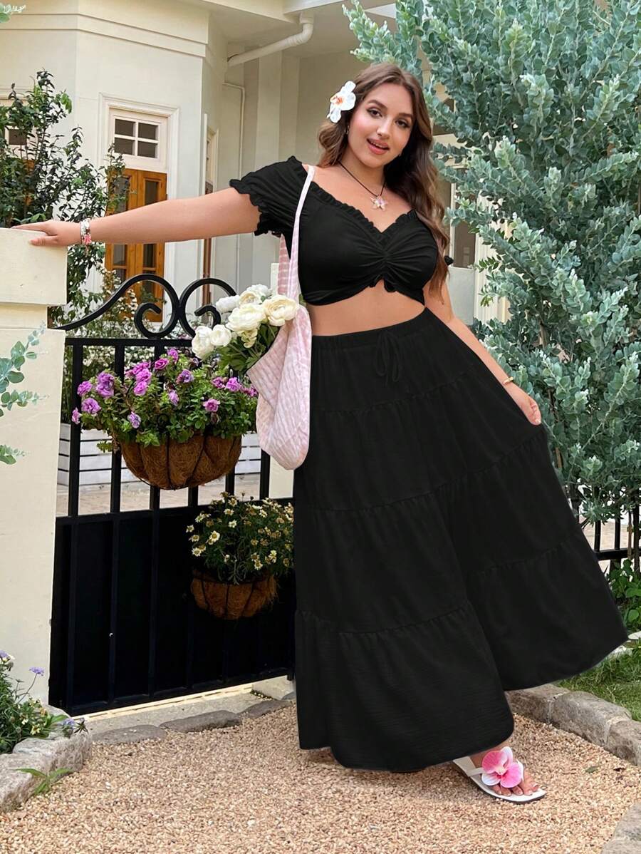 SHEIN EZwear Falda suelta con volantes de talla grande en negro, para vacaciones, primavera/verano - Negro - Ver 1