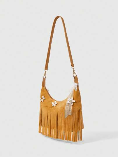 Fairycore 1 Set Khaki Tassel Shoulder Bag & Accessories, Fashion Personalized Beach Vacation Style Women Tote Bag (Including 1 Bag And 1 Set Of Accessories)