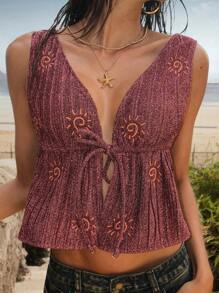 Easelle 夏季编织金银丝绸上衣紫色图案热辣女孩休闲游牧波西米亚风