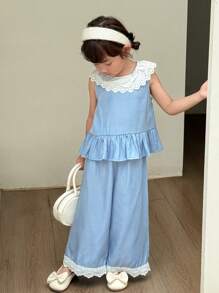 SHEIN Conjunto de top sin mangas con cuello de volantes y pantalones largos estilo princesa coreano y japonés para niñas jóvenes - Azul y blanco - Ver 6