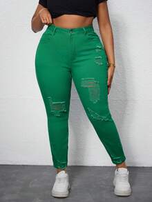Slaydiva Jeans de corte slim fit, desgastados y de unicolor, para tallas grandes - Verde - Ver 1