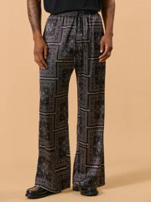 Musero Satin Paisley All Over Print Straight Leg Trousers Elasticated Drawstring Waistband Trousers Only Lightweight Spring Summer Vacation Holiday Comfort Beach