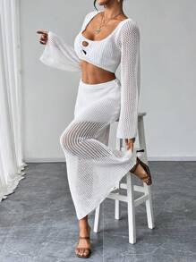 Elenzga Áo choàng đi biển mùa hè hở lưng khoét rỗng màu trơn dành cho nữ - trắng - Xem 3