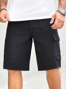 Manfinity Homme 男士实用口袋阔腿百慕大休闲牛仔短裤 - 黑色 - 查看 5