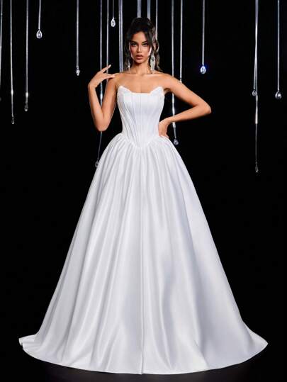 Glamrae 优雅奢华的白色手工珍珠叶紧身胸衣搭配荷叶边连衣裙