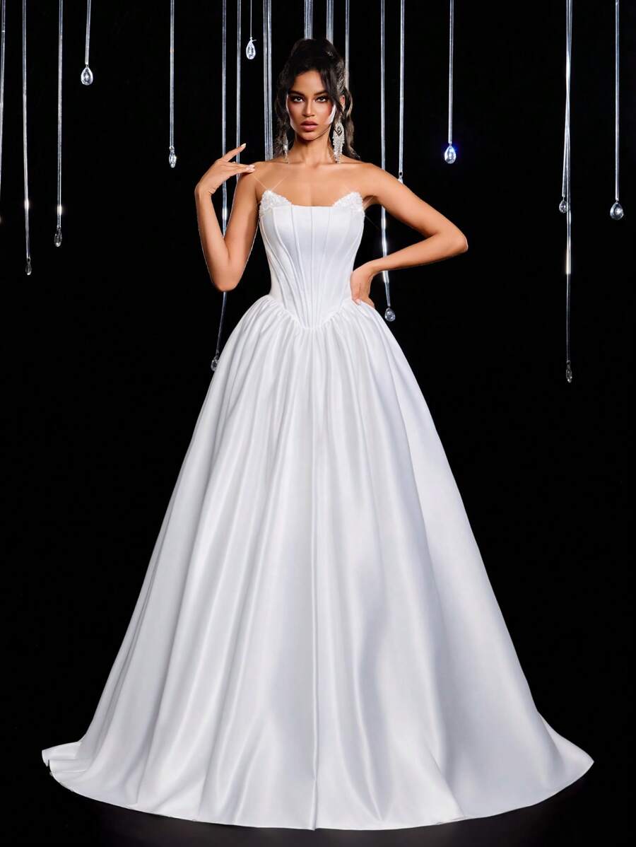 Glamrae 优雅奢华的白色手工珍珠叶紧身胸衣搭配荷叶边连衣裙