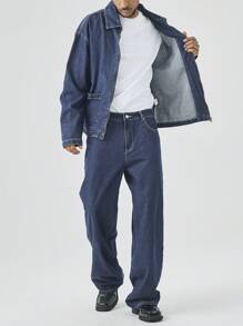 Manfinity Homme Men Loose Fitting Drop Shoulder Long Sleeve Casual Denim Jacket & Jeans Set, Fall - Blue - View 4