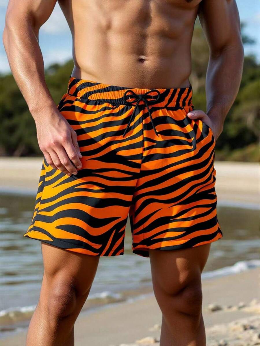 Surfspeed 男士休闲虎纹印花抽绳沙滩短裤 - 紅色 - 查看 1