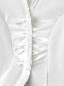 SHEIN Tween Girl Casual Academy Commute Elegant Fitted Collared Button-Front Ruched Gathered Long Sleeve Blouse White Suitable For Back To School, Outings, Parties, Gatherings And More - White - View 4