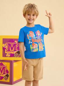 Blippi X SHEIN Young Boy Cute Rocket & Cartoon Pattern Blue Casual Versatile Short Sleeve T-Shirt, Summer - Blue - View 7