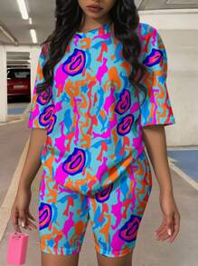 Slaydiva 2 件套大码彩色图案圆领短袖 T 恤和短裤套装，适合夏季 - 彩色 - 查看 4