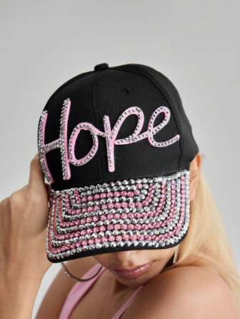 ROMWE Avant 1 pieza Gorra de béisbol con bloques de color, estilo punk rock, con strass, sombrero tipo Snapback con patrón gráfico de letras vintage Y2K, accesorio de moda casual ajustable