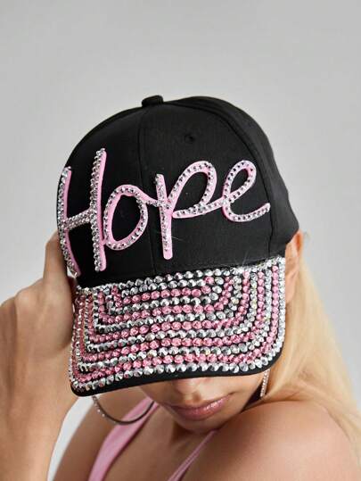 ROMWE Avant 1pc Punk Rock Colorblock Rhinestone Baseball Cap, Y2K Vintage Graphic Letter Pattern Decorated Snapback Hat, Adjustable Casual Fashion Accessory