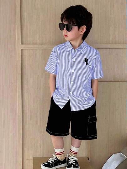 SHEIN 1 Piece Young Boy Casual College Comfortable Fashion Simple Practical Versatile Striped Lapel Short-Sleeved Shirt Suitable For Back To School Suitable For Birthday Parties, Evening Parties, Performances, Weddings, Baptisms, Opening Ceremonies Daily Suitable For Daily Use Suitable For School Suitable For Travel Suitable For Sports Suitable For Spring And Summer Seasons