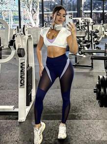 Innovista Mallas deportivas suaves como la mantequilla, de cintura alta con bloques de color, ropa deportiva diaria para yoga, entrenamiento HIIT, de la oficina al gimnasio, con gran elasticidad, pantalones activewear con bolsillo, pantalones cómodos y funcionales, nuevo estilo otoñal para mujer con aspecto utilitario y elegante - Azul - Ver 3